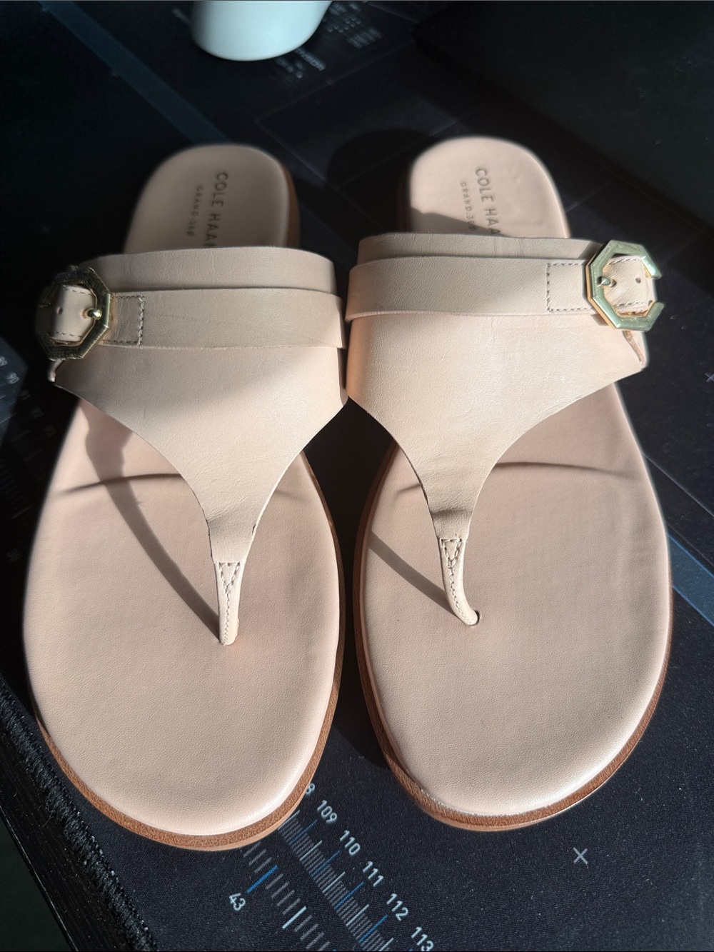 Cole Haan Beige Leather Thong Sandals with Gold Buckle